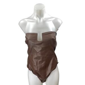 Zara Brown Strapless Faux Leather Vegan Sleeveless Tube Bandeau Bodysuit Top L